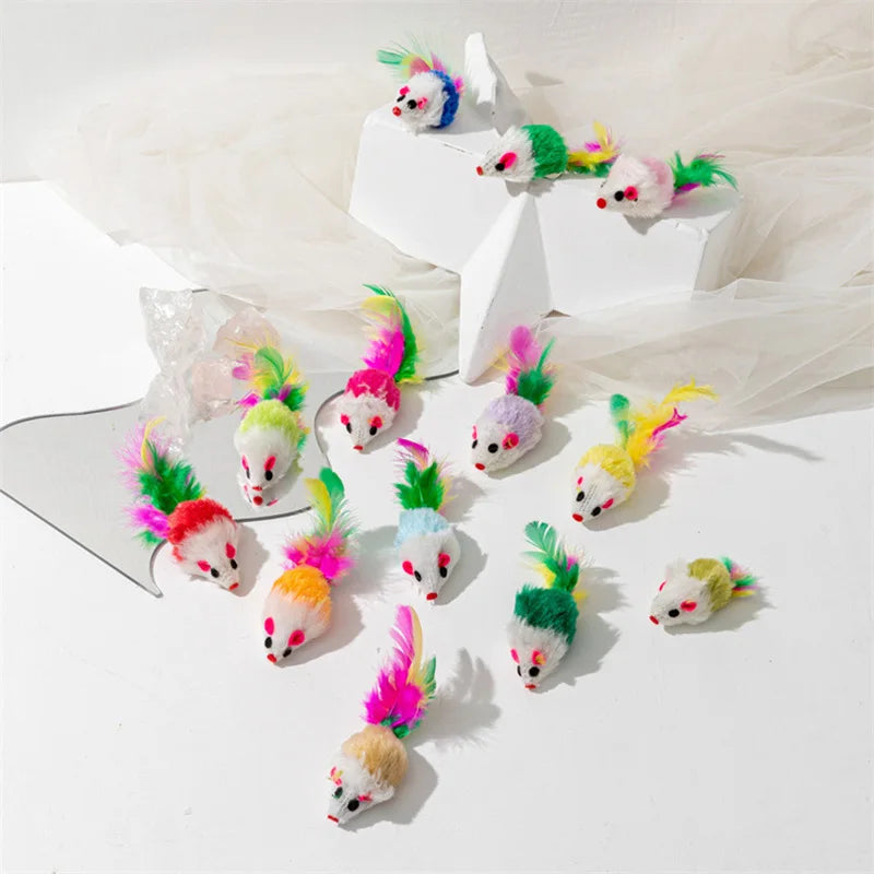 Faux Fur Mouse Cat Toys with Feathers, Multi-Pack
