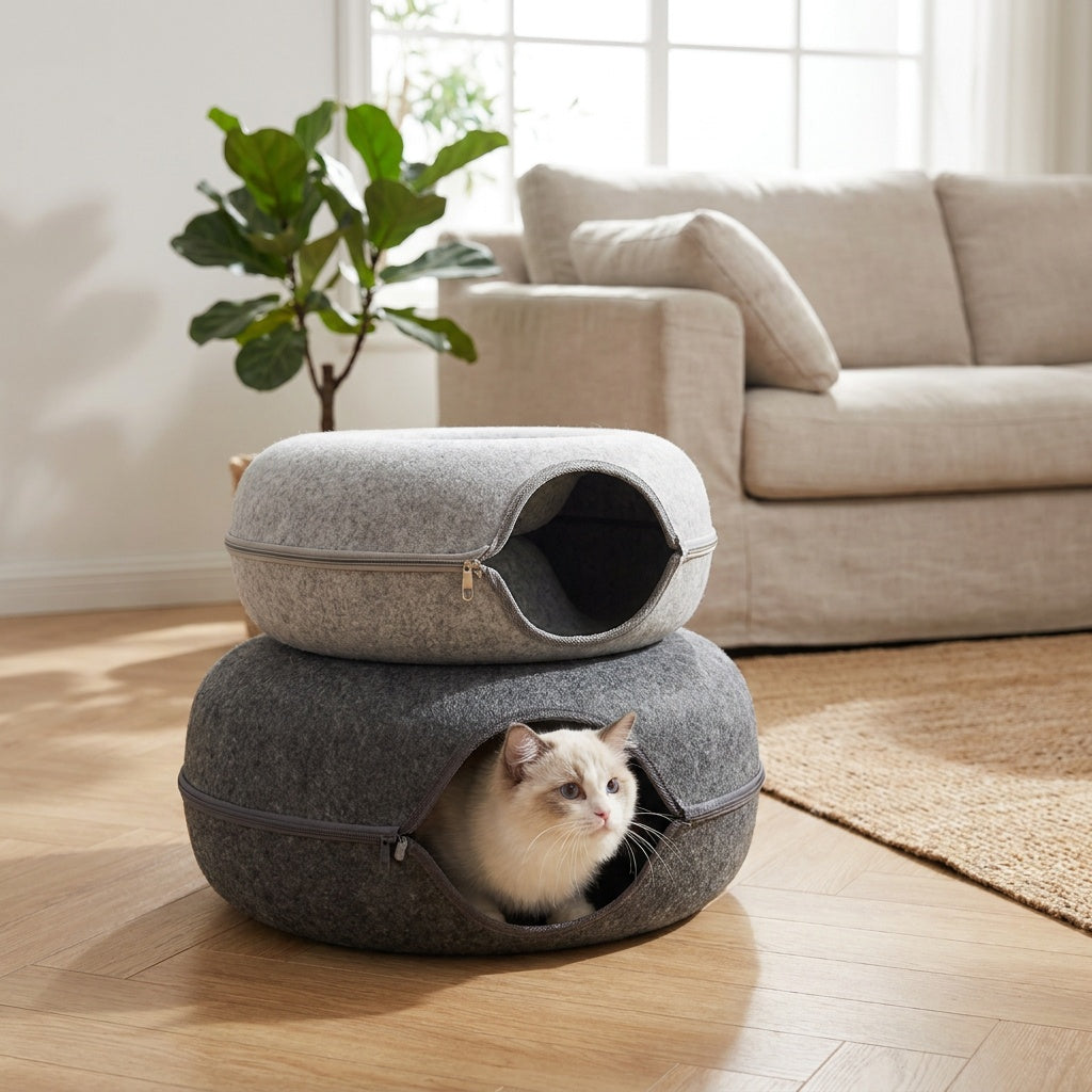 2-in-1 Felt Cat Tunnel Bed on a white background