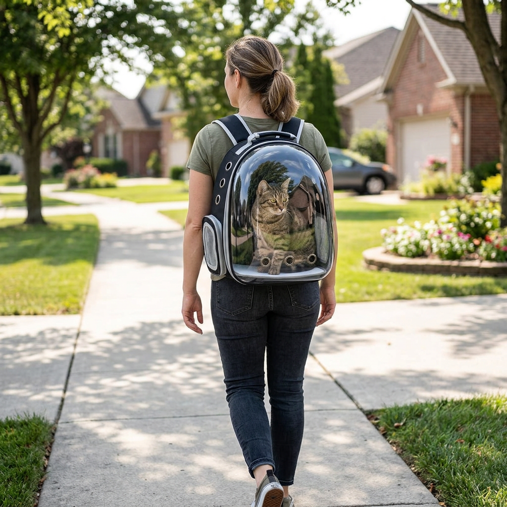Woman walking in a suburban neighborhood wearing the clear bubble window cat carrier backpack with a tabby cat inside