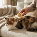 Brushing a long-haired calico cat on the couch with the self-cleaning slicker brush