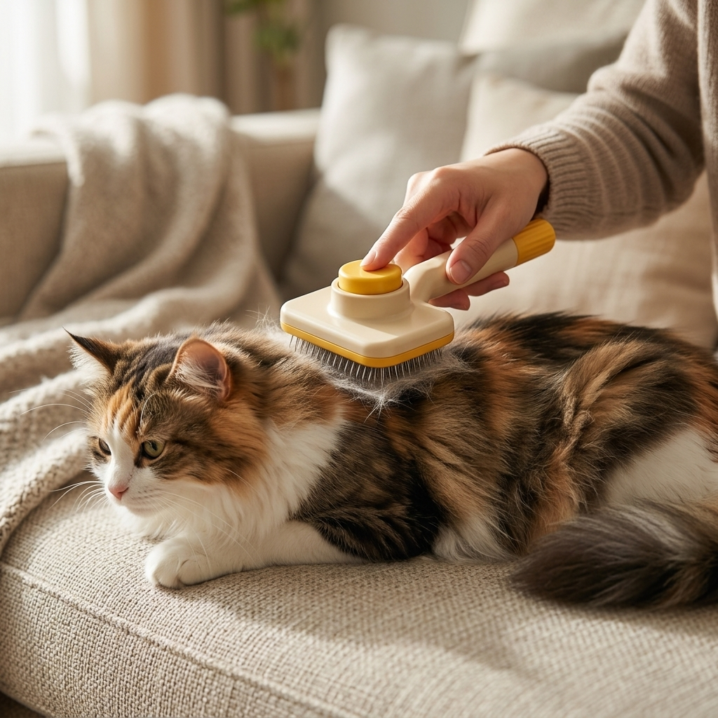 Brushing a long-haired calico cat on the couch with the self-cleaning slicker brush