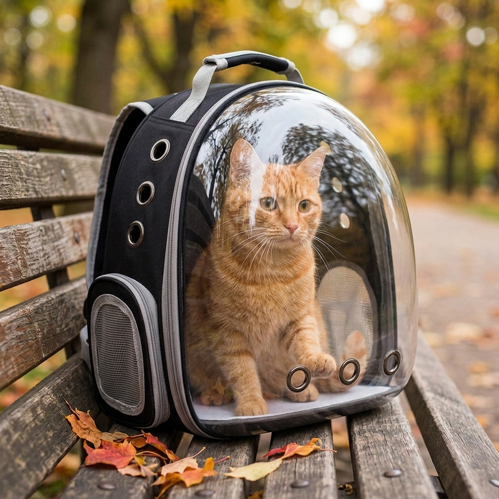 Orange cat looking out of the clear bubble window cat carrier on a park bench in autumn