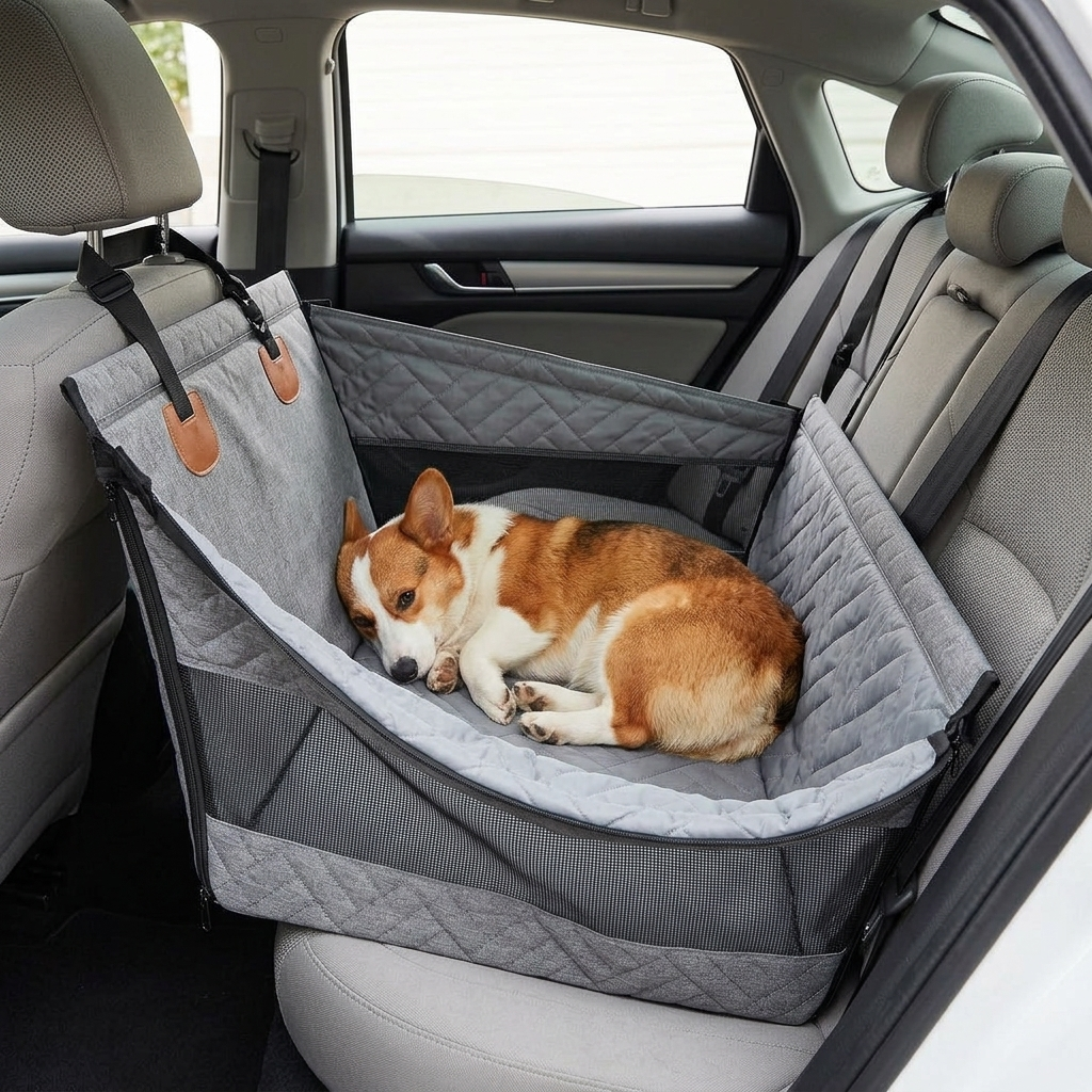Corgi resting inside the gray car back seat dog nest bed installed on a rear seat