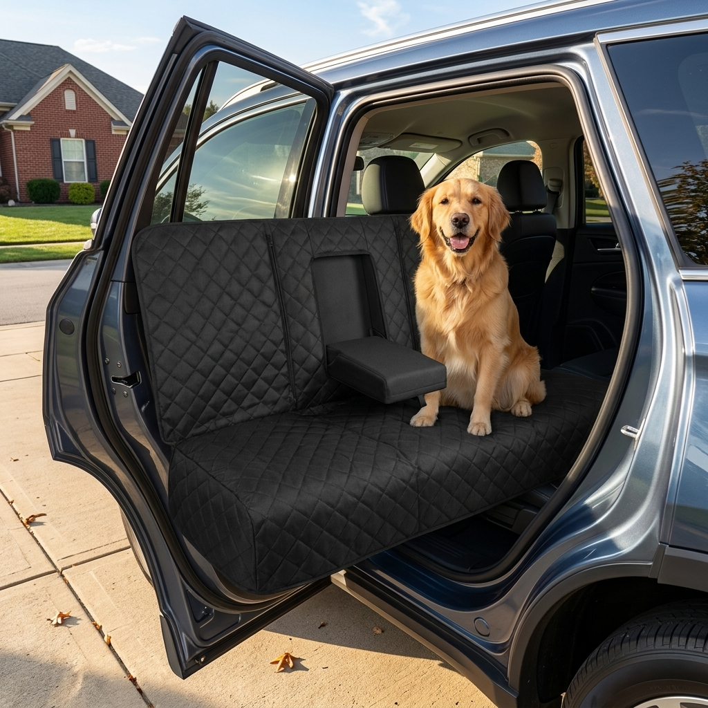 Golden retriever sitting on the black quilted waterproof back seat cover in an SUV