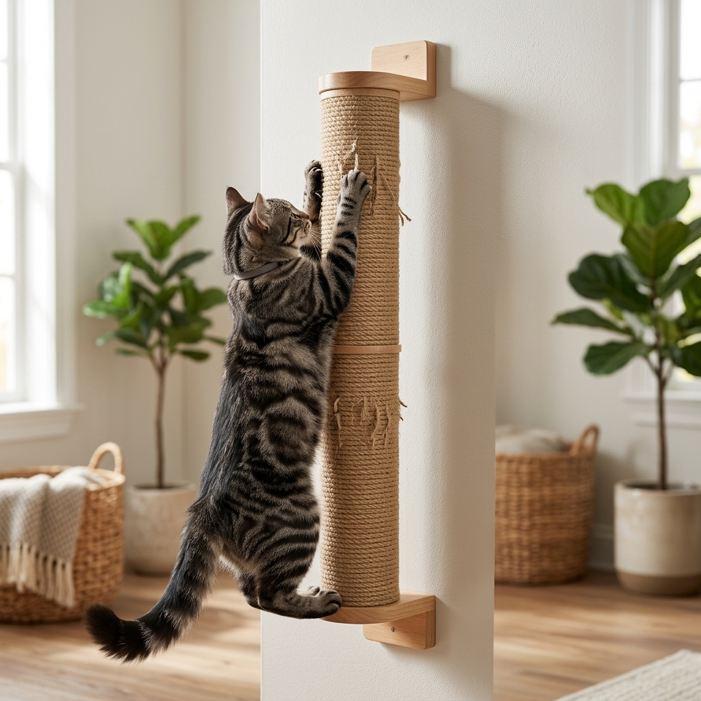 Tabby cat stretching and scratching the wall-mounted wooden sisal cat scratcher