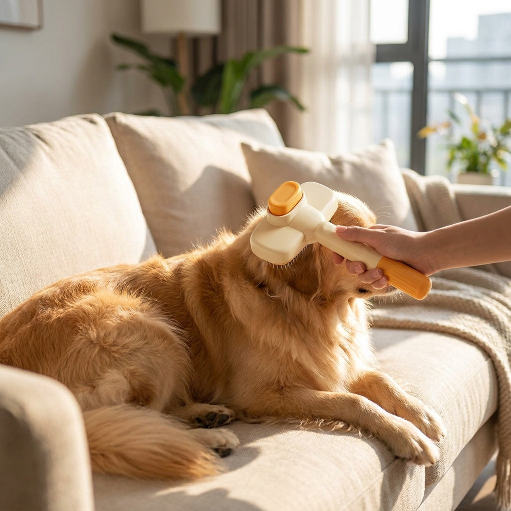 One-Button Self-Cleaning Pet Grooming Brush in use at home
