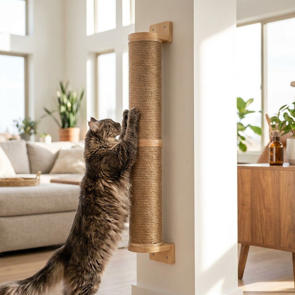 Wall-Mounted Wooden Cat Scratcher on a white background